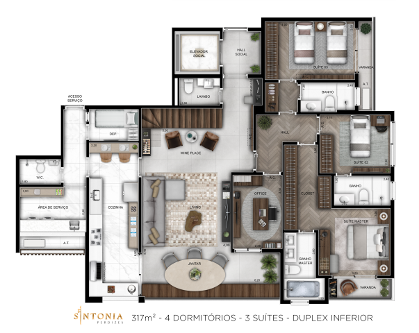 Planta 15 - 3 dorm 317m² - duplex inferior.png